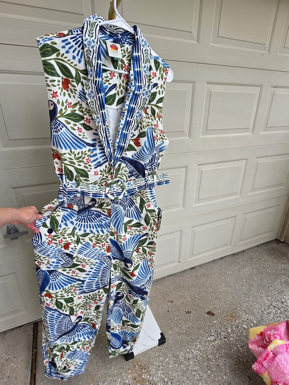Farm Rio Macaw Flight jumpsuit with blue and green tropical birds - Picture 7 of 12